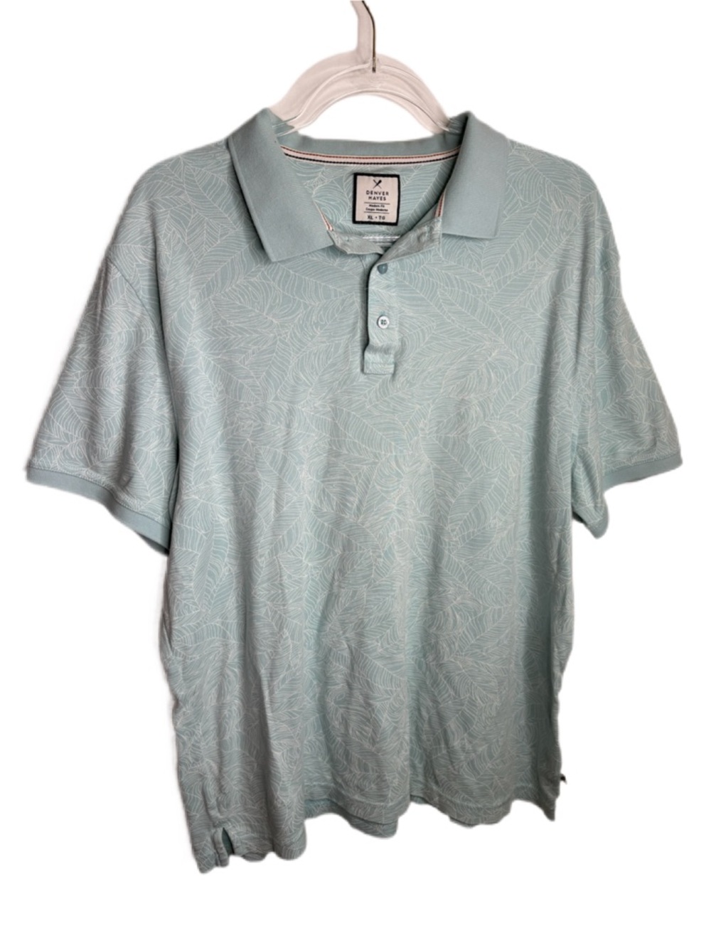 Light Blue Green Leaf-Print Cotton Polo Shirt XL - Picture 3 of 6